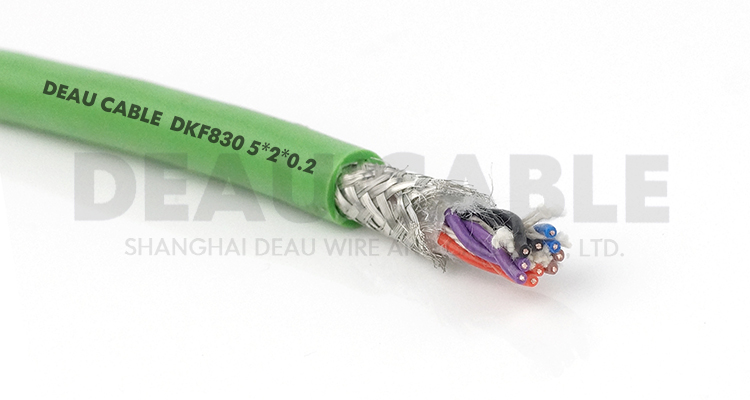 產(chǎn)品型號(hào)： DKF830高柔性雙絞屏蔽拖鏈電纜 電纜結(jié)構(gòu)：導(dǎo)體：超細(xì)精絞無(wú)氧銅絲 符合VED0295CLASS 6標(biāo)準(zhǔn)絕緣：高度柔性絕緣 線芯：兩兩絞合短節(jié)距對(duì)絞線芯屏蔽：80%鍍錫銅網(wǎng)編織屏蔽外護(hù)套：混合高度柔性護(hù)套 顏色：黑色(RAL9005) 灰色(RAL7001) 橙色(RAL2003) 額定電壓：＜0.5mm2：300/300V ≥0.5mm2300/500V 測(cè)試電壓：2000V 使用溫度范圍： 固定安裝：-30℃~+90℃ 移動(dòng)安裝：-5℃~+90℃ 最小彎曲半徑： 固定安裝：5x電纜外徑 移動(dòng)安裝：行程＜10米時(shí)，彎曲半徑為8xD 行程≥10米時(shí)，彎曲半徑為10xD移動(dòng)特性：敷設(shè)行程：＞80m,加速度60m/S2,移動(dòng)速度10m/S, 彎曲壽命：50次/分鐘,＞500萬(wàn)次阻燃性：符合IEC60332-1-2+EN60332-1-2 耐油性：符合DIN VDE0282第10部分(HD22.10S1)